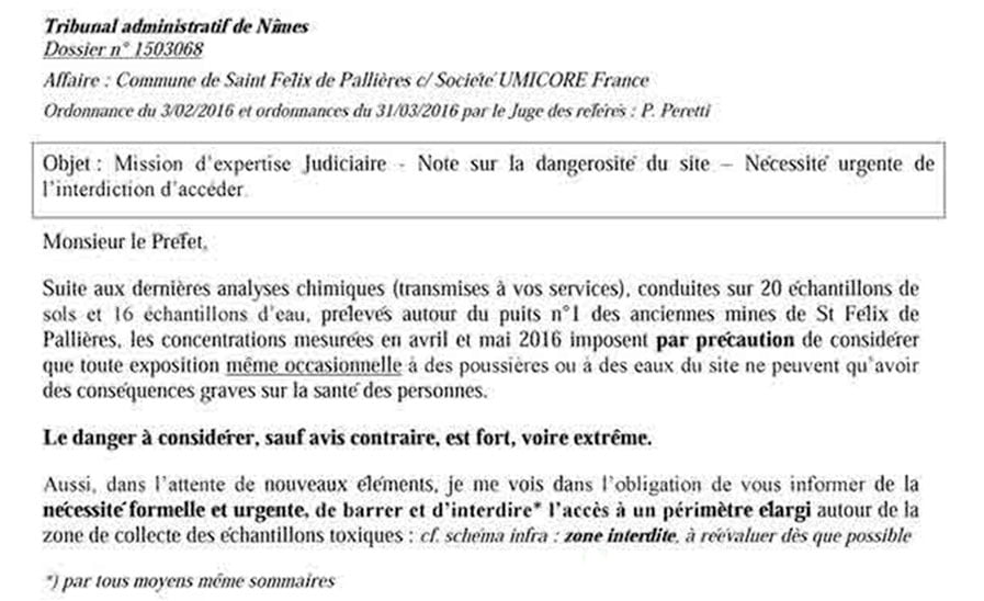 Extrait de la lettre de Laurent Duparc, expert du tribunal de Nimes,  adressée au Préfet du Gard