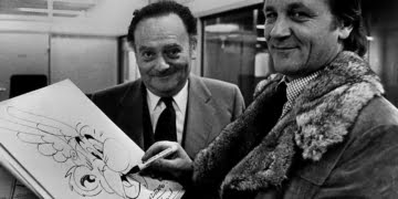 René Goscinny devant un dessin que Albert Uderzo termine de dessiner