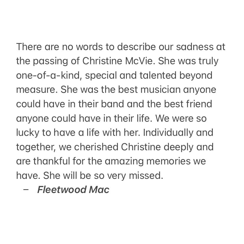Disparition de Christine McVie communique du groupe Fleetwood Mac